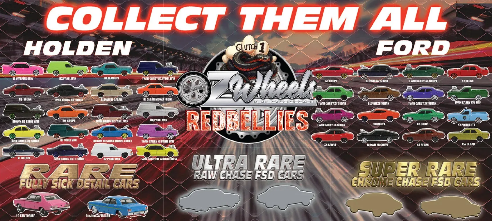 Oz Wheels Holden/Ford Red Bellies Clutch 1 - (36-Pack) Box, 1:64 Scale Cars